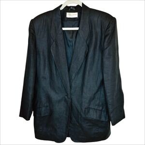 Casual Corner Linen Blazer Sz 10 Medium Black Relaxed Fit Lined Vintage 90s Y2K
